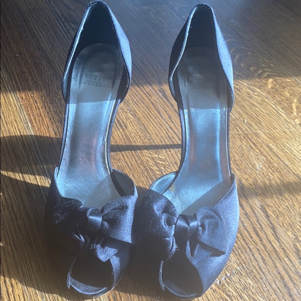 Black Satin Stuart Weitzman Heels Open Toe sz 8